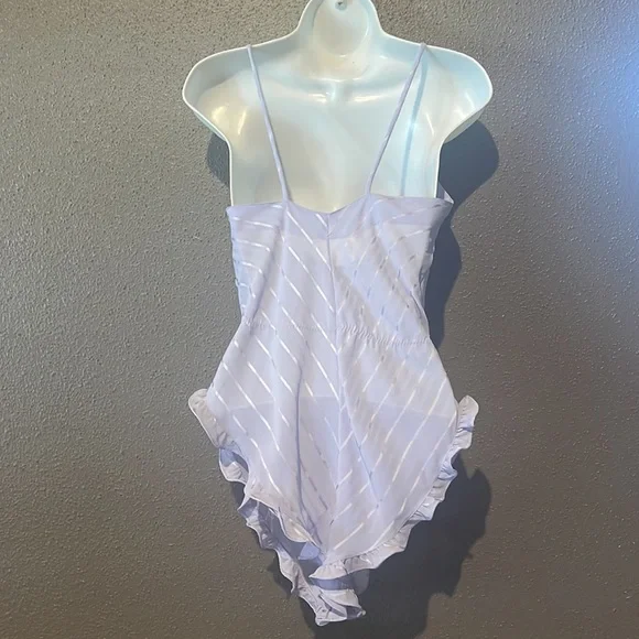 Vintage Barbizon Sheer Lavender Jacquard Stripe Ruffle Trim Teddy